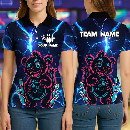 Custom 3D Bowling Wild Bear with Ball Polo Shirt, Personalized Bowling Team Shirt, Bowling Tournament Jersey, Gift for Bowlers, Sports Polo