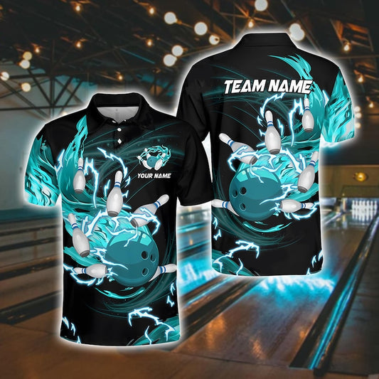 Custom Bowling Polo Shirt, Personalized Name & Team Jersey with Bowling Ball, Thunder Flame Multicolor Bowling Team Shirt.