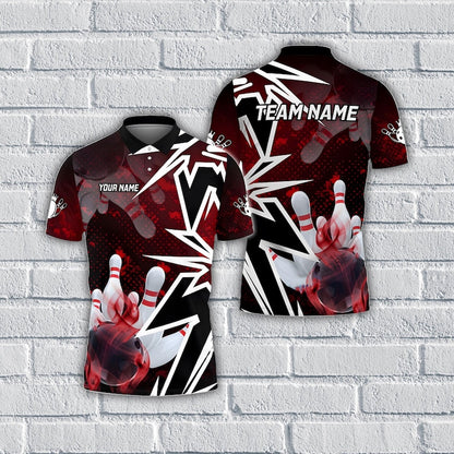 Custom Bowling Polo Shirt, Personalized Name & Team Zipper Jersey, Bowling Ball and Pins Smoke Design Multicolor Polo.