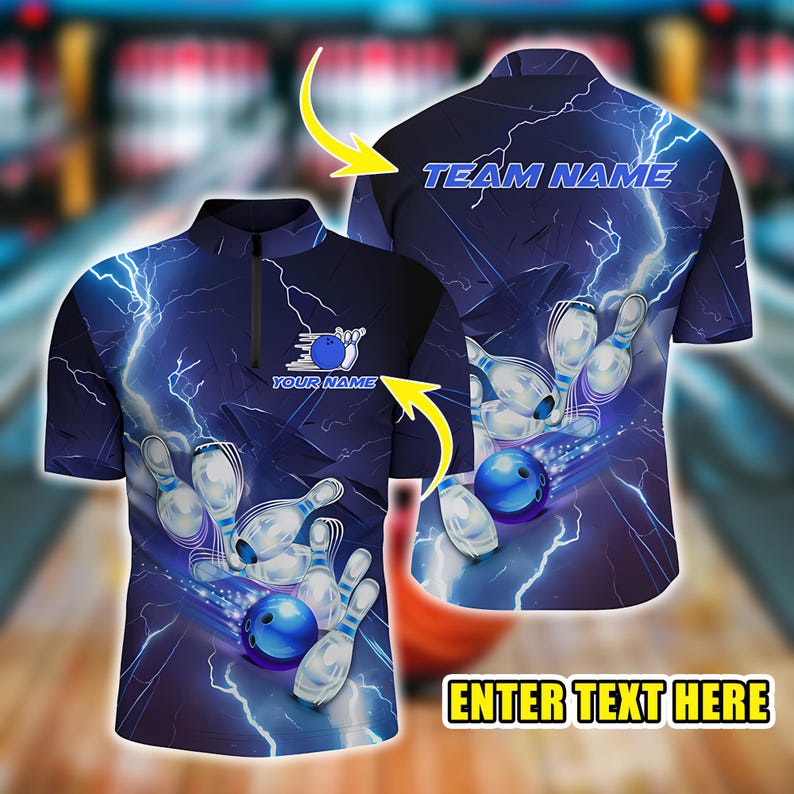 Custom Bowling League Uniform, Personalized Blue Lightning Thunder Bowling Jersey for Men, Team Bowling Shirt, Gift for Bowlers.