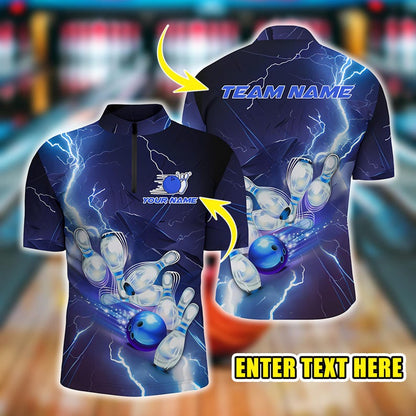Custom Bowling League Uniform, Personalized Blue Lightning Thunder Bowling Jersey for Men, Team Bowling Shirt, Gift for Bowlers.