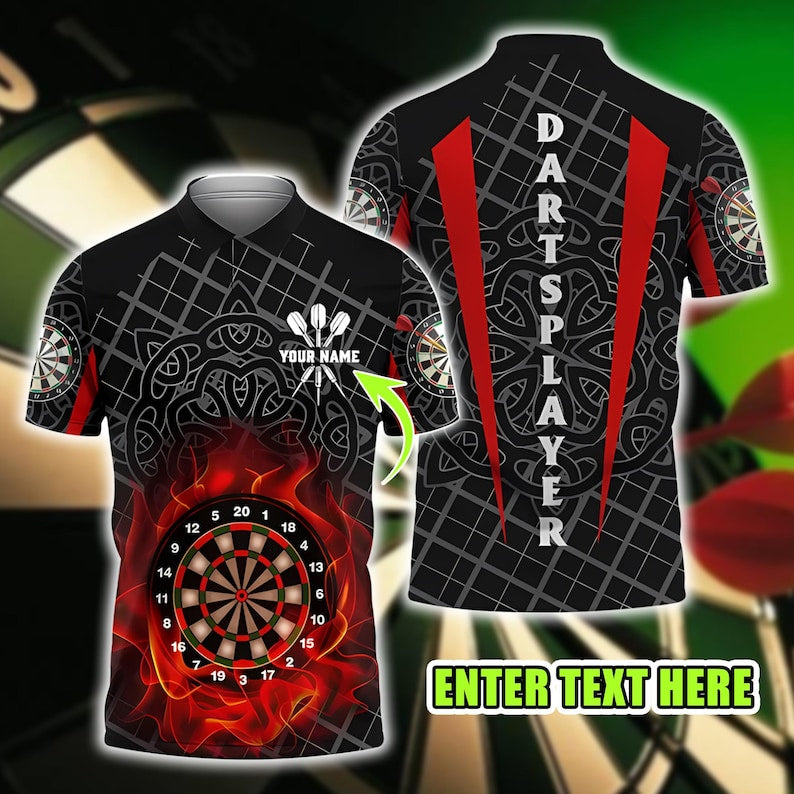 Dart Player Polo Shirt, Personalized Name Custom 3D Dartboard Flame Print, Short Sleeve Casual Sports Top, Gift For Team, Dad Gift.