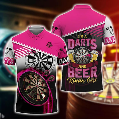 I’m a Darts and Beer Kinda Girl Polo Shirt, Pink Custom Name 3D Dartboard Print, Funny Dart Player Jersey, Sports Casual Top.
