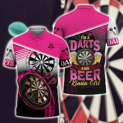 I’m a Darts and Beer Kinda Girl Polo Shirt, Pink Custom Name 3D Dartboard Print, Funny Dart Player Jersey, Sports Casual Top.
