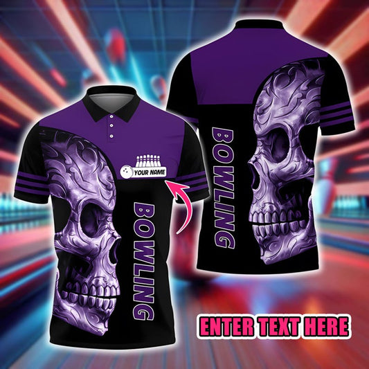 Custom Bowling Polo Shirt, Personalized Name Purple Skull 3D Print, Bowling Team Jersey Sportswear Gift for Bowlers Men Women Youth.