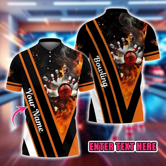 Custom Bowling Polo Shirt, Personalized Name 3D Bowling Ball and Pins Flame Design, Bowling Team Jersey Sportswear Gift for Bowlers.
