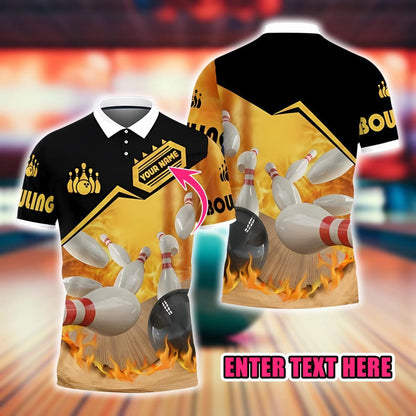 Custom Bowling Polo Shirt, Personalized Name and Team Jersey, 3D Bowling Ball and Pins Flame Design, Sportswear Gift for Bowlers Men Women.
