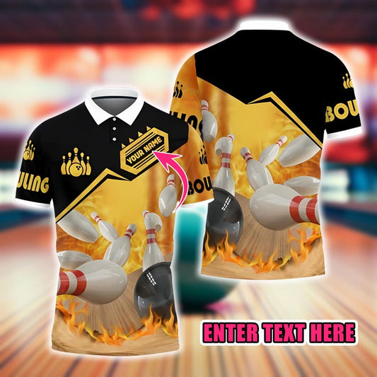 Custom Bowling Polo Shirt, Personalized Name and Team Jersey, 3D Bowling Ball and Pins Flame Design, Sportswear Gift for Bowlers Men Women.