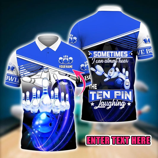 Custom Bowling Polo Shirt, Personalized Name Funny Ten Pin Laughing Quote, Blue 3D Bowling Ball and Pins Team Jersey Gift for Bowlers.