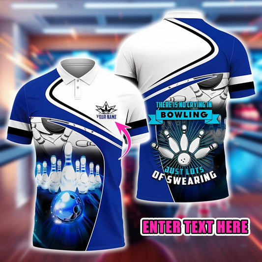 Custom Bowling Polo Shirt, Personalized Name Funny Quote Design, Blue 3D Bowling Ball and Pins Strike Team Jersey Gift for Bowlers Men Women