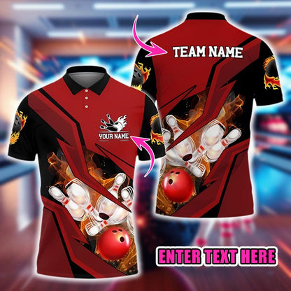 Custom Bowling Polo Shirt, Personalized Name and Team Jersey, 3D Bowling Ball and Pins Flame Strike Design, Sports Gift for Bowlers.