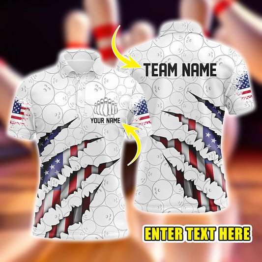 Personalized Patriotic Bowling Polo, American Flag Team Shirts for Men and Women, Custom League Bowling Gift, USA Bowler Jersey.