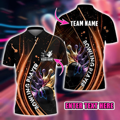 Custom Name Team Polo Shirt, Bowling Player Strike Flame, Bowling Polo Shirt For League Team Bowlers Men Women, Sports Gift for Bowlers.