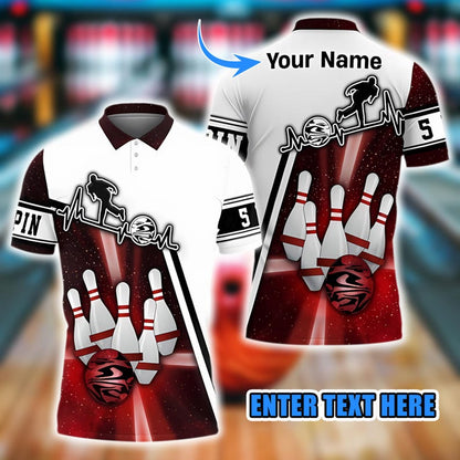 Bowling And Pins Break Pattern Customized Name 3D Printed Men's Polo Shirt, Summer Streetwear Casual Bowling Jersey For Unisex Players.