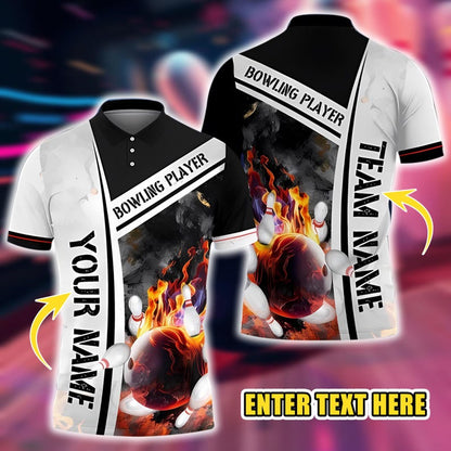 Custom Name 3D Printed Men's Polo Shirt, Bowling Fire Ball Pins Pattern, Summer Streetwear Casual Bowling Jersey Outfit For Unisex Players.