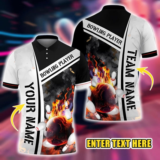 Custom Name 3D Printed Men's Polo Shirt, Bowling Fire Ball Pins Pattern, Summer Streetwear Casual Bowling Jersey Outfit For Unisex Players.