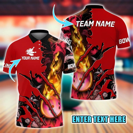 Customized Team Name 3D Printed Men’s Polo Shirt, Bowling Fire Flame Strike, Summer Streetwear Unisex Casual Bowling Shirt For Players.