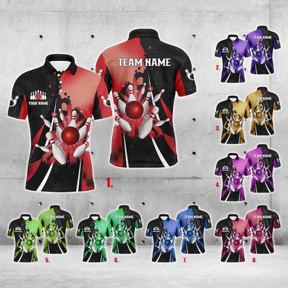 Custom Bowling Polo Shirt, Retro Men’s Bowling Jersey with Team Name, Bowling Ball & Pins Graphic, Personalized Unisex Shirt for Tournaments