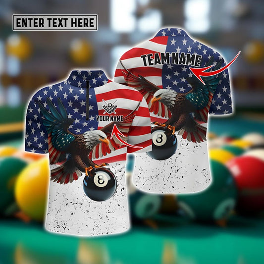 Personalized Men’s Billiards Polo, 8 Ball Eagle Bowling Style Shirt with USA Flag, Patriotic Sports Team Polo, Gift for Friends.