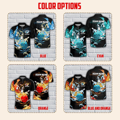 Custom Bowling Polo Shirt, Personalized Name & Team Jersey with Bowling Ball, Thunder Flame Multicolor Bowling Team Shirt.