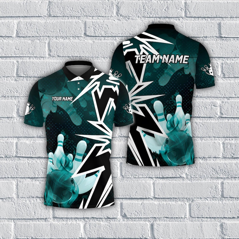 Custom Bowling Polo Shirt, Personalized Name & Team Zipper Jersey, Bowling Ball and Pins Smoke Design Multicolor Polo.