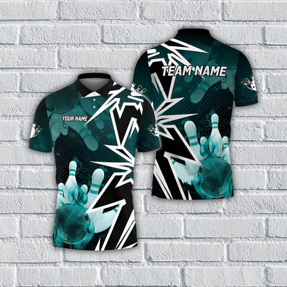 Custom Bowling Polo Shirt, Personalized Name & Team Zipper Jersey, Bowling Ball and Pins Smoke Design Multicolor Polo.