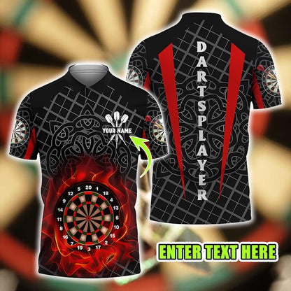 Dart Player Polo Shirt, Personalized Name Custom 3D Dartboard Flame Print, Short Sleeve Casual Sports Top, Gift For Team, Dad Gift.
