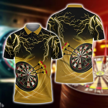 Lightning Dartboard Polo Shirt, 3D Custom Name, Yellow and Black Dart Player Jersey for Sports Fans, Sports Casual Top.