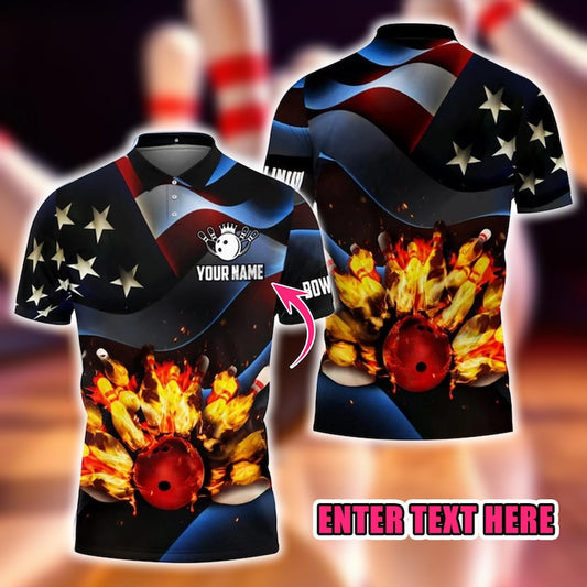 Custom Bowling Polo Shirt, Personalized Name 3D Bowling Ball and Pins Flame Design, American Flag Sports Jersey Gift for Bowlers.