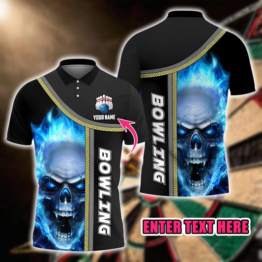 Custom Bowling Polo Shirt, Personalized Name Skull Flame 3D Design, Bowling Team Jersey Sportswear Gift for Bowlers Men Women.
