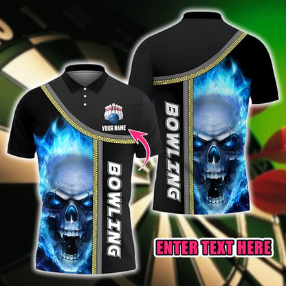 Custom Bowling Polo Shirt, Personalized Name Skull Flame 3D Design, Bowling Team Jersey Sportswear Gift for Bowlers Men Women.