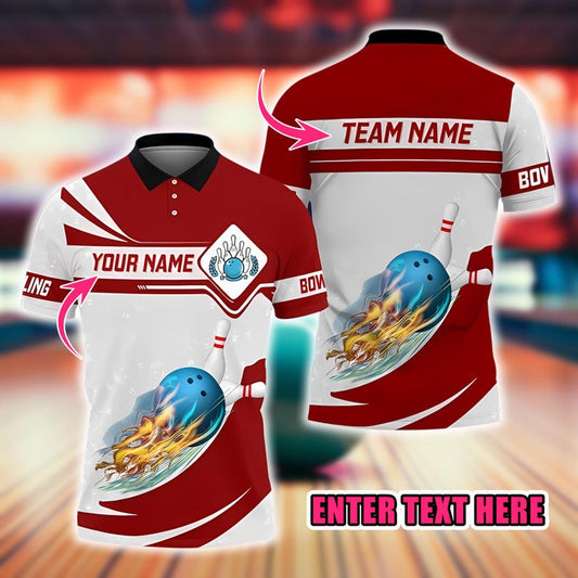 Custom Bowling Polo Shirt, Personalized Name and Team Jersey, 3D Bowling Ball with Flame Design, Sports Uniform Gift for Bowlers Men Women.