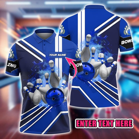 Custom Bowling Polo Shirt, Personalized Name and Team Jersey, Blue 3D Bowling Ball and Pins Strike Design, Sportswear Gift for Bowlers.