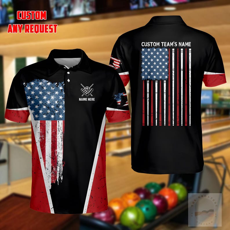 Personalized US Flag Bowling Polo Shirt, Custom Name Bowling Team Short Sleeve Shirt, Bowling League Uniform