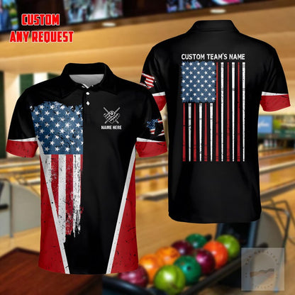 Personalized US Flag Bowling Polo Shirt, Custom Name Bowling Team Short Sleeve Shirt, Bowling League Uniform