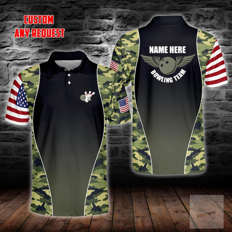 Custom Bowling Polo Shirt, Personalized US Camo Bowling Polo for Men, Bowling Team Uniform, Gift for Bowlers