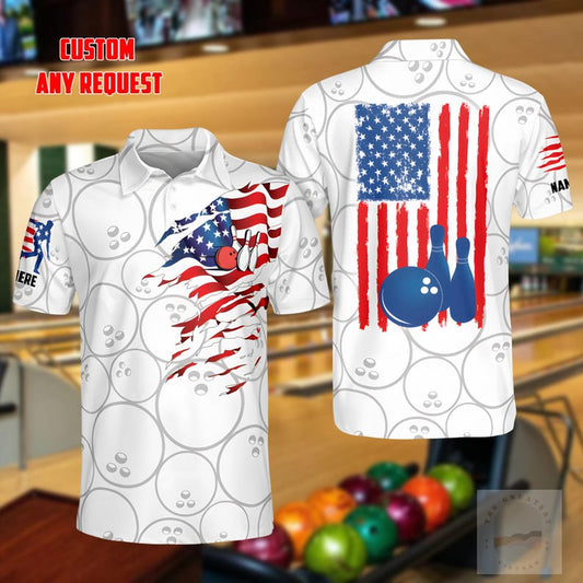 Custom Name Bowling Polo Shirt, Personalized US Flag Bowling Team Uniform