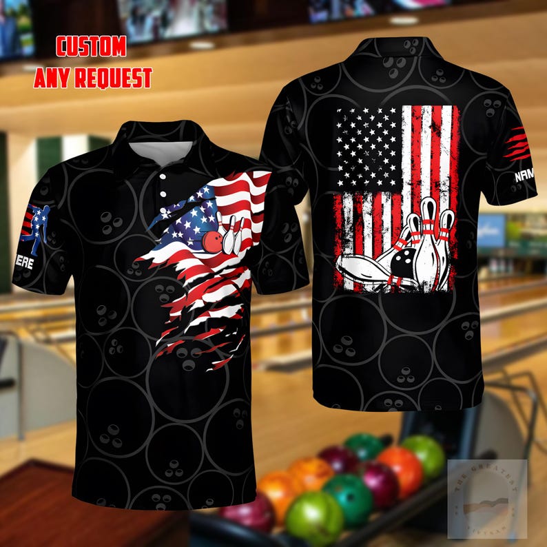 Custom Name Bowling Polo Shirt, Personalized US Flag Bowling Team Uniform