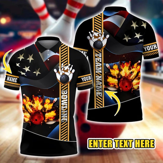 Custom Name 3D Printed Men's Polo Shirt, Bowling And Fire Pattern, Summer Streetwear Bowling Jersey Casual Outfit For Unisex Players.