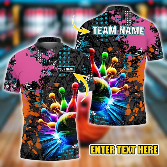 Customized Team Name 3D Printed Men’s Polo Shirt, Bowling Neon Pins, Explosion Summer Streetwear Unisex Casual Bowling Shirt For Players.