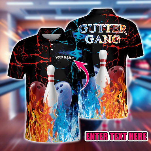 Custom Bowling Polo Shirt, Bowling Polo Shirt with Fire & Ice Design, Perfect for Bowling Teams, Players, Bowling Lovers Shirt.
