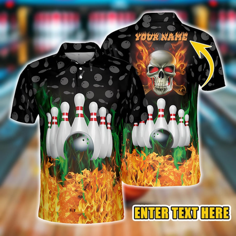 Custom Bowling Polo Shirt with Flaming Skull & Pins Design, Perfect for Bowling Teams, Players, Bowling Lovers Shirt.