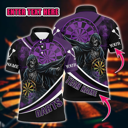 Custom Darts Polo Shirt, Personalized Team & Name Print, Dark Skull Design with Dartboard, Shirt for Dart Players and Club.