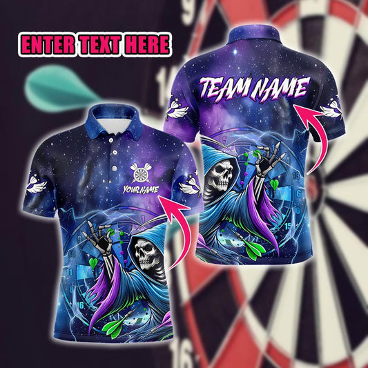 Custom Darts Polo Shirt, Grim Reaper Galaxy Design, Personalized Team & Name Print, Unique Gift for Dart Players, Clubs And Tournaments.