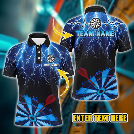 Custom Darts Polo Shirt, Unique Lightning Dartboard Design, Personalized Team & Name Print, Perfect Gift for Dart Players, Club Uniforms.