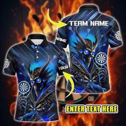 Personalized Name Dart Polo Shirt, Darts Skull Demon Blue Flame Design, Custom Team Shirt for Men Women, Gift for Darts Players.