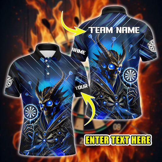 Personalized Name Dart Polo Shirt, Darts Skull Demon Blue Flame Design, Custom Team Shirt for Men Women, Gift for Darts Players.