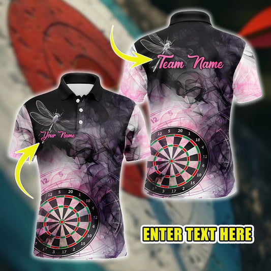 Personalized Name Dart Polo Shirt, Smoke Dragonfly Dartboard Design, Custom Team Shirt for Men, Gift for Darts Players.
