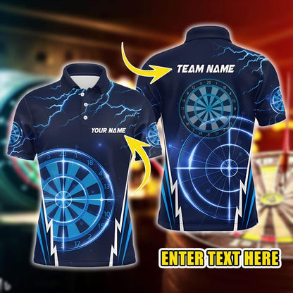 Custom Dart Polo Shirt, Personalized Name & Team Lightning Dartboard Design, 3D Overprint Darts Shirt, Gift for Dart Players And Teams.