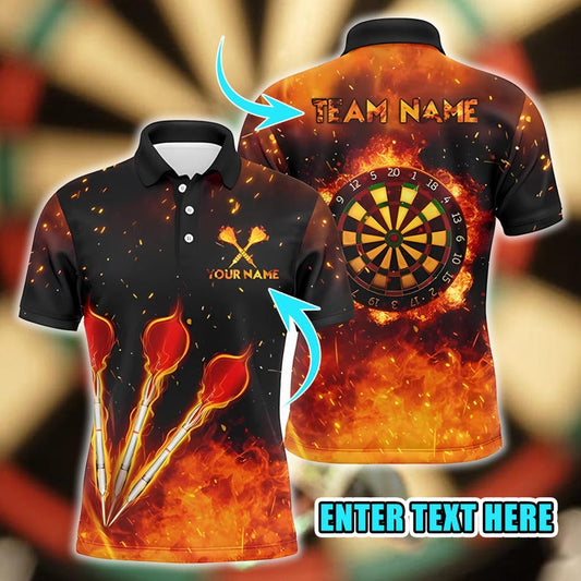 Dart Polo Shirt, Custom Name & Team Fire Flame Dartboard Design, 3D Overprint Darts Shirt, Gift for Dart Players.